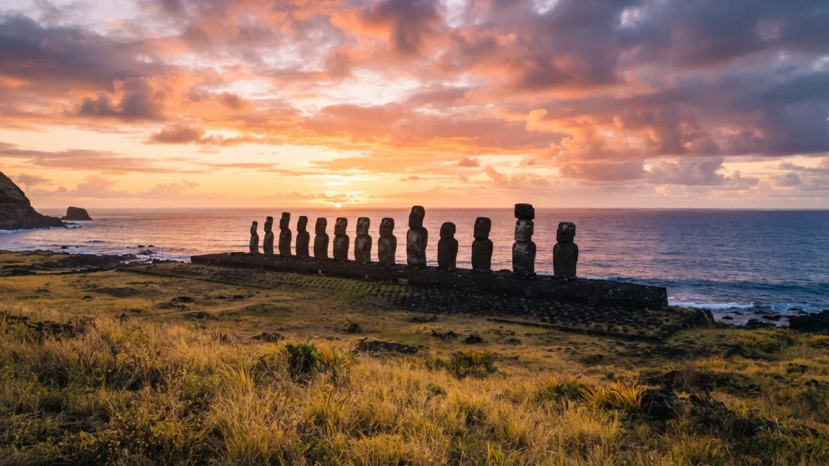 Moái de Ahu Tongariki al amanecer en Isla de Pascua, con el océano Pacífico al fondo