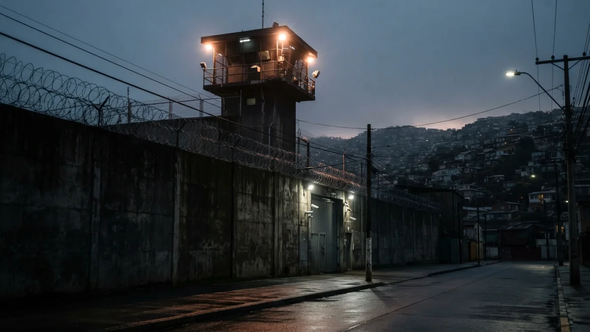 Exterior del Complejo Penitenciario de Valparaíso de madrugada, imagen generada con inteligencia artificial