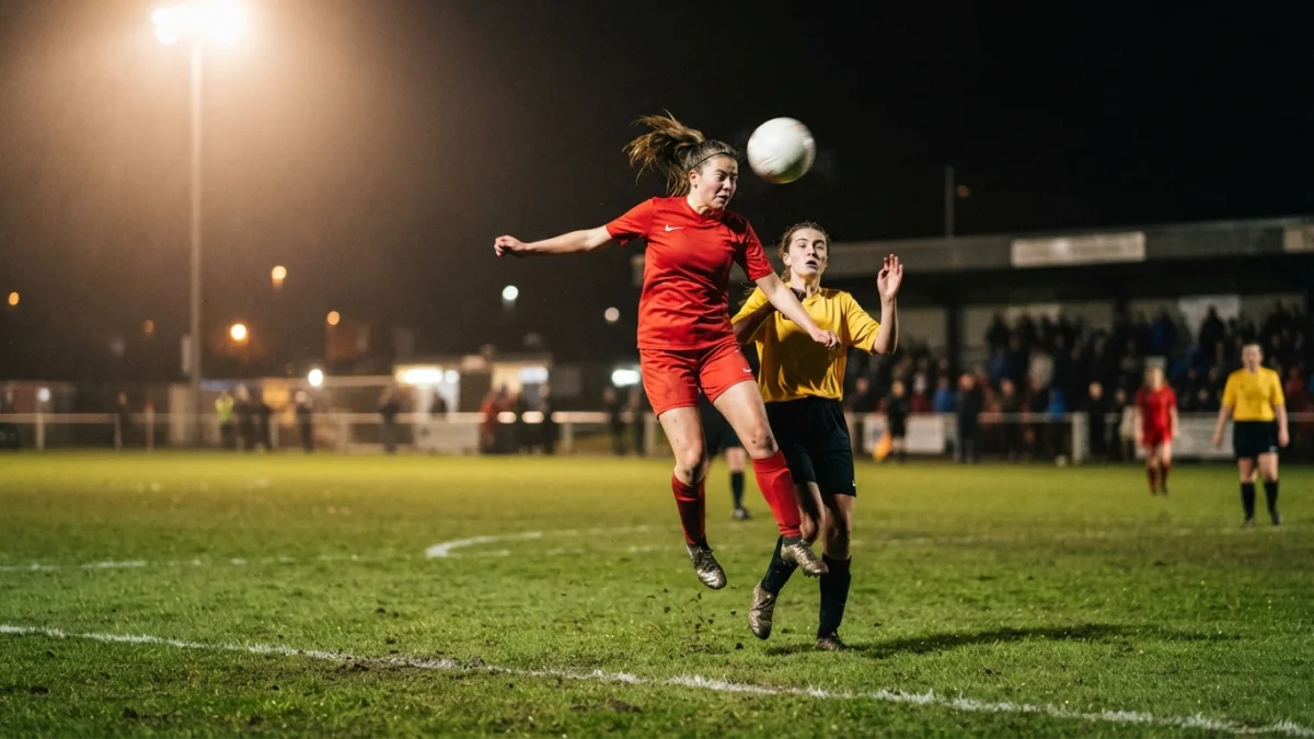 Jugadora de fútbol femenino cabeceando el balón en un estadio nocturno