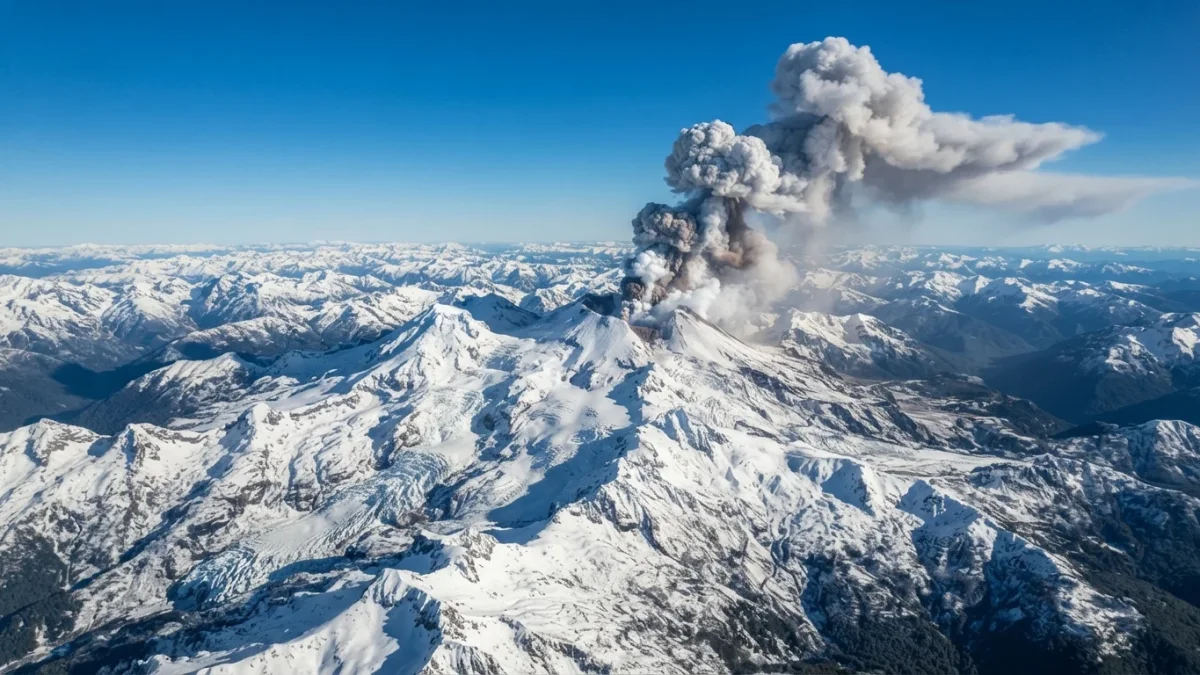Columna eruptiva sobre el cráter del complejo volcánico Nevados de Chillán