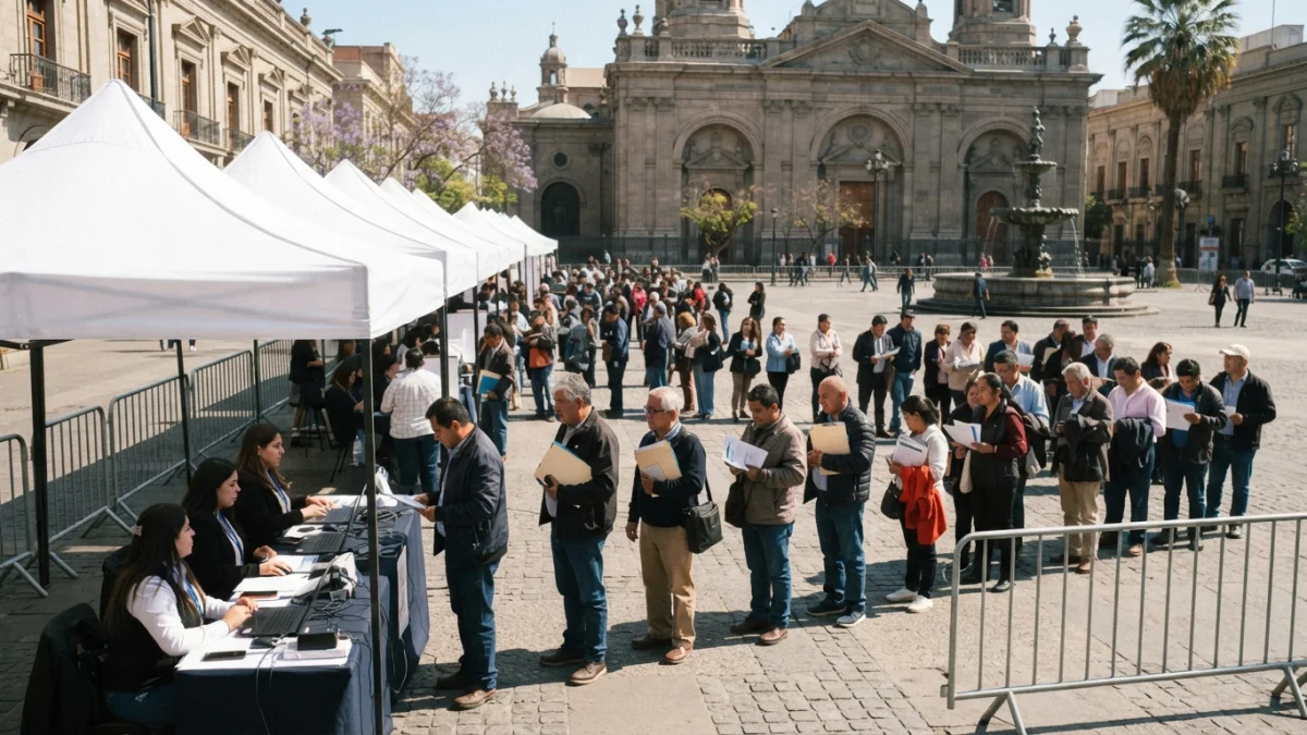 Feria laboral al aire libre en una plaza de Santiago con carpas y postulantes