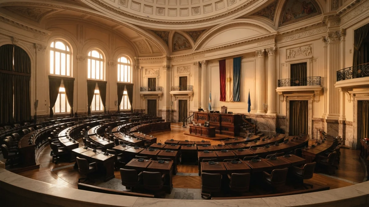 Sala legislativa vacía con luz de tarde, ilustración generada con inteligencia artificial