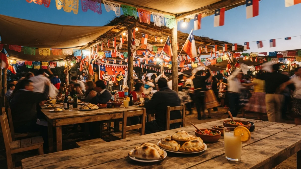 Ramada de Fiestas Patrias en Chile con banderas y mesas de comida al atardecer, imagen generada con inteligencia artificial