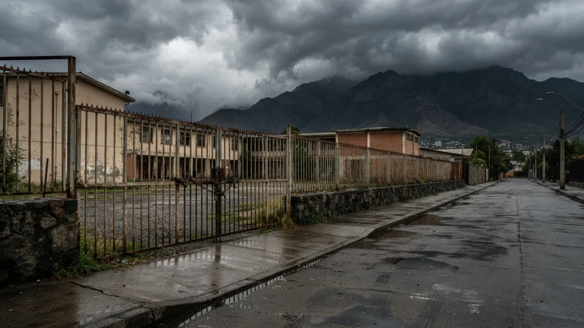 Acceso a un colegio cerrado bajo nubes de tormenta en Santiago