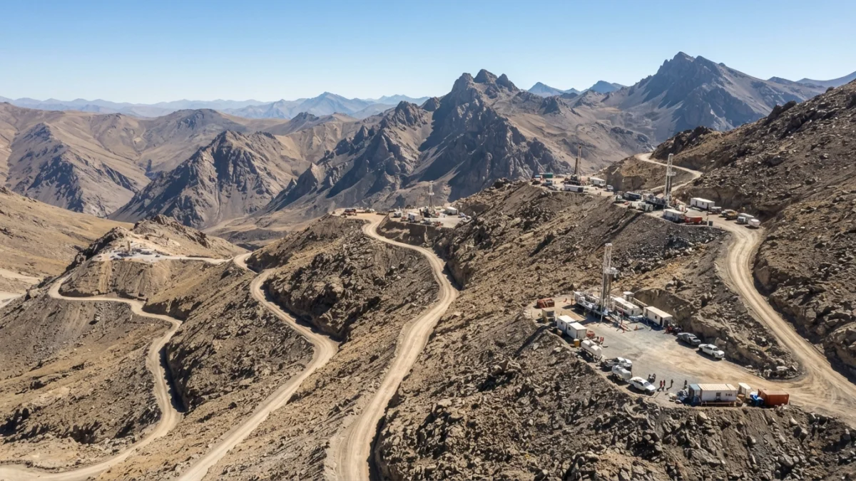 Alta cordillera andina con plataformas de sondaje minero, imagen generada con inteligencia artificial