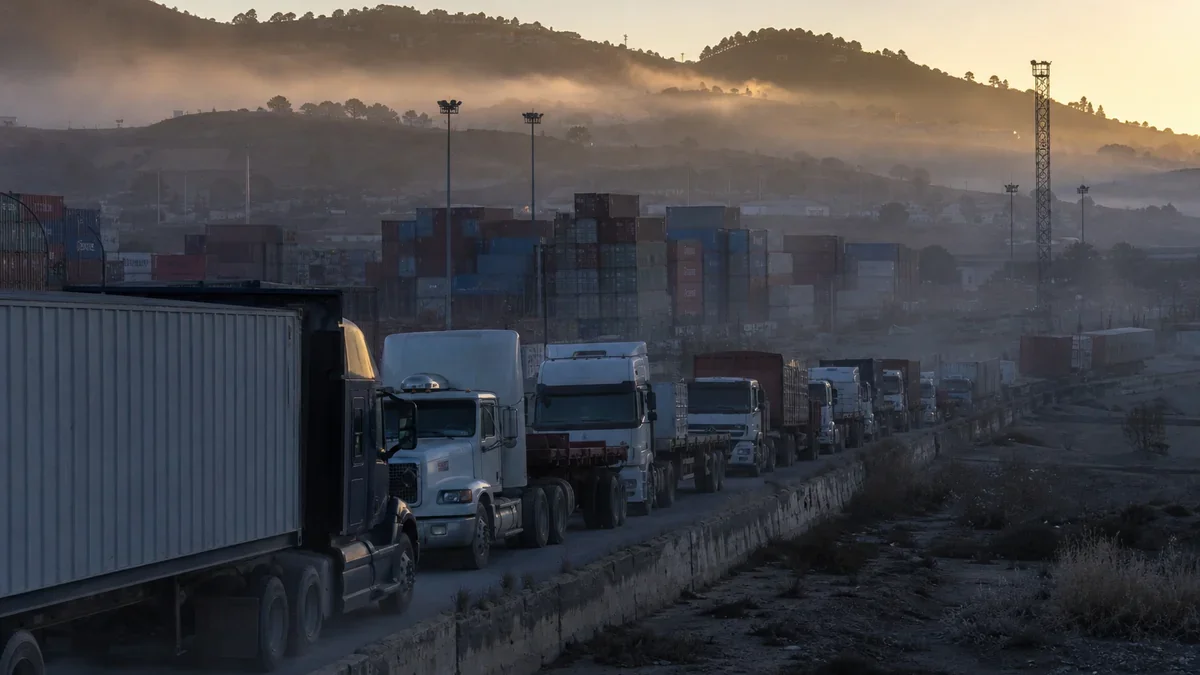 Camiones de carga bloqueando el acceso a un depósito de contenedores en San Antonio