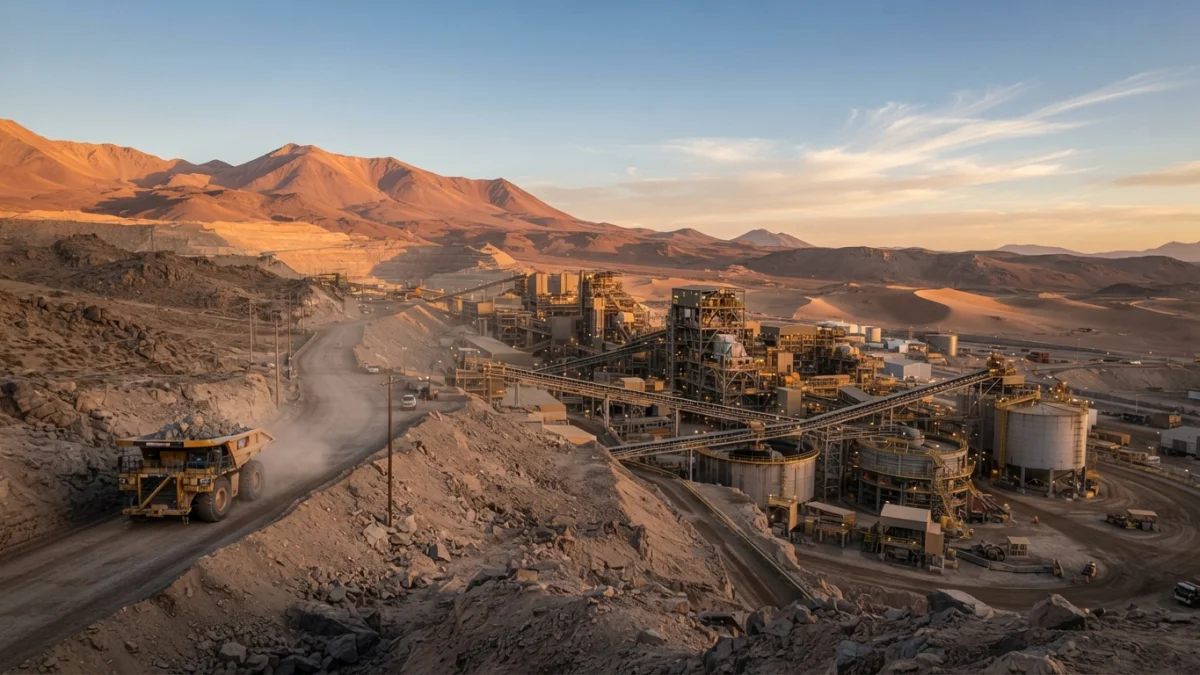 Faena minera de cobre en el desierto de Atacama al atardecer