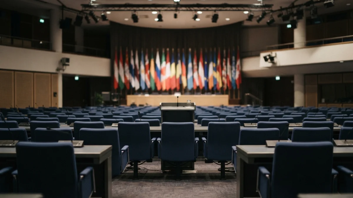 Sala de conferencias de un organismo internacional con banderas al fondo