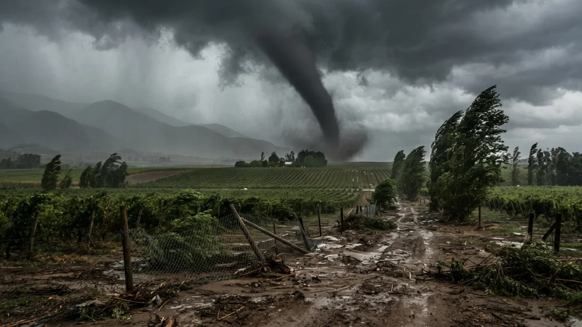 Embudo nuboso de tormenta sobre campos agrícolas del valle central de Chile