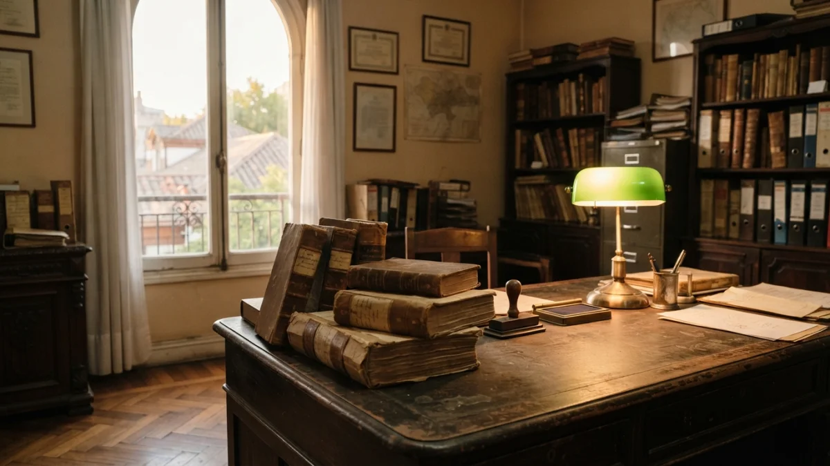 Oficina notarial clásica con libros de registro sobre un escritorio de madera