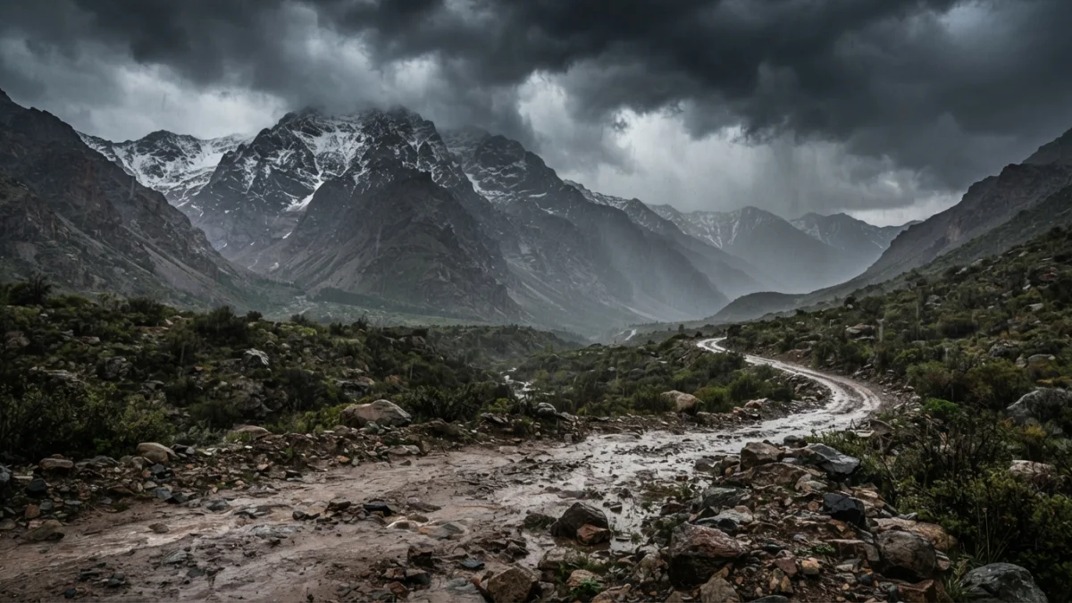 Cordillera de los Andes bajo nubes de tormenta con lluvia intensa en un valle precordillerano
