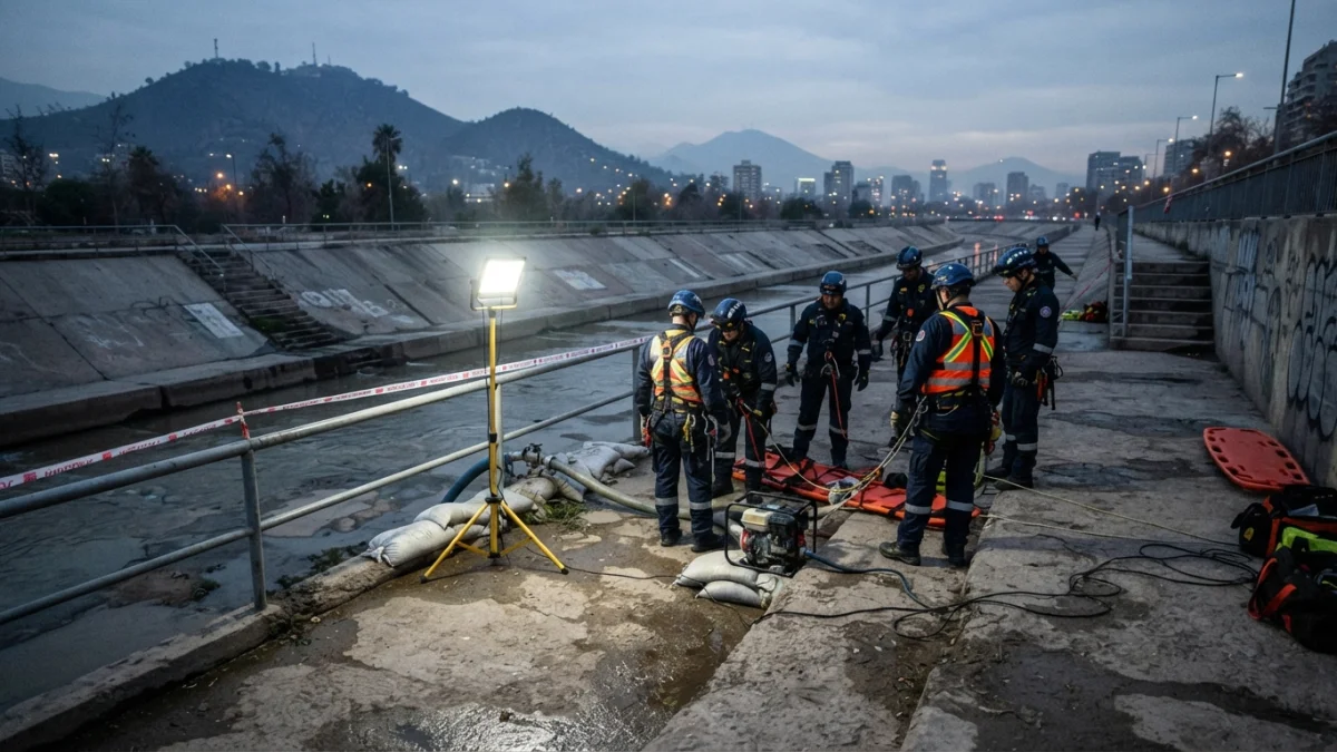 Equipos de búsqueda junto a un canal urbano en Santiago al atardecer