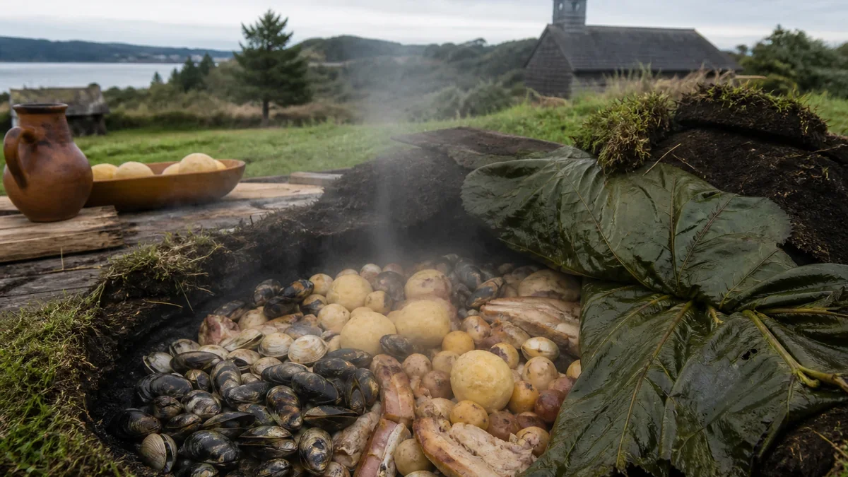Curanto chilote recién destapado en su hoyo, con piedras calientes, mariscos, papas y hojas de nalca