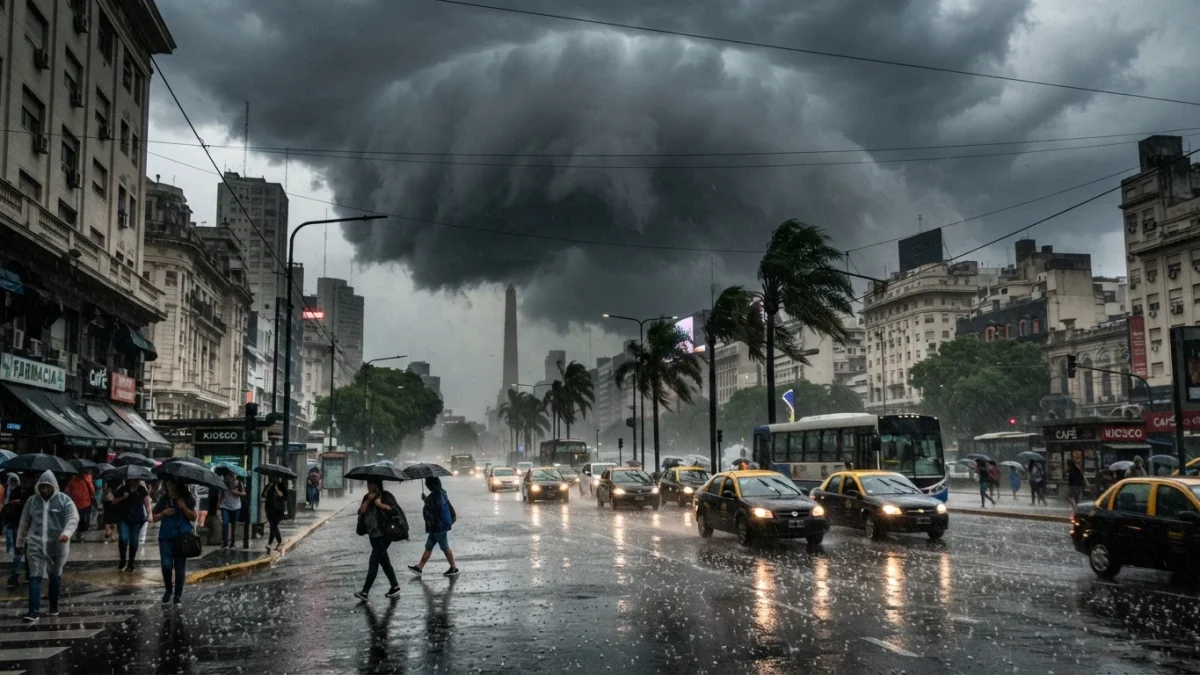 Nube de tormenta sobre una avenida de Santiago durante el temporal del 13 de octubre de 2026