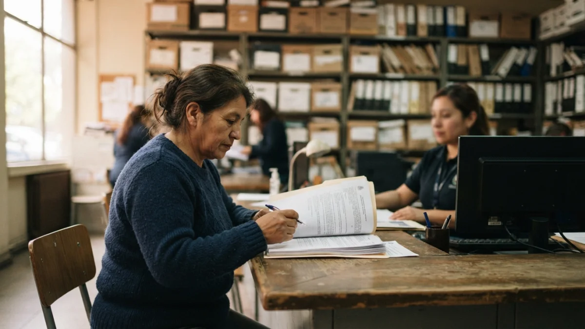 Persona revisando documentos públicos en una oficina de atención del Estado
