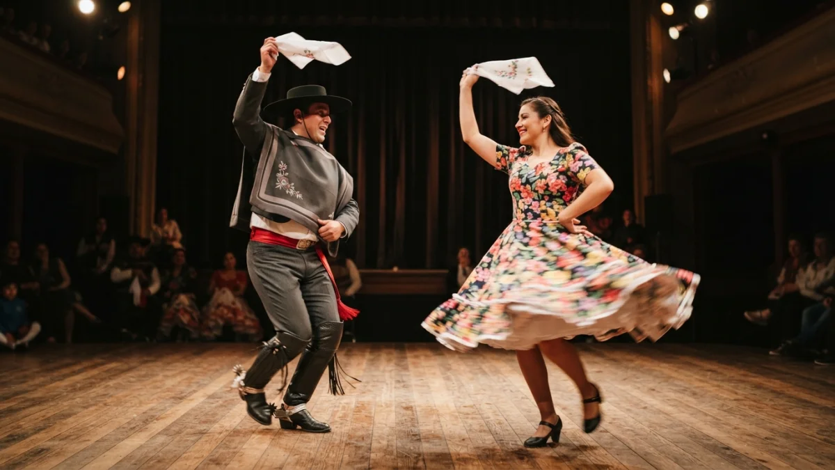 Pareja de bailarines de cueca en un escenario de teatro