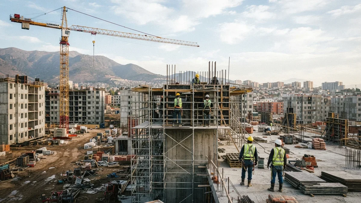 Obra de construcción de viviendas con grúa y trabajadores