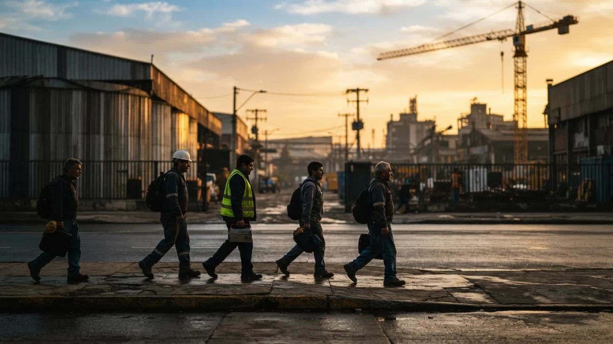 Trabajadores caminando al amanecer en un barrio industrial