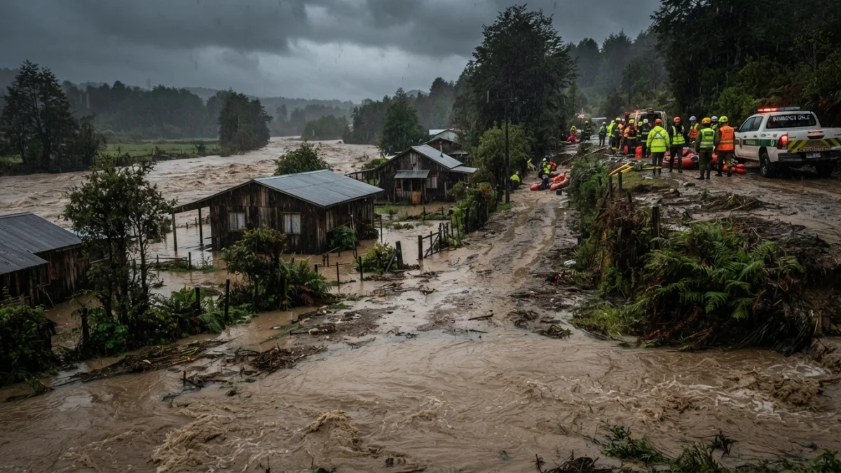 Calle rural anegada por el desborde de un río durante el temporal en el sur de Chile