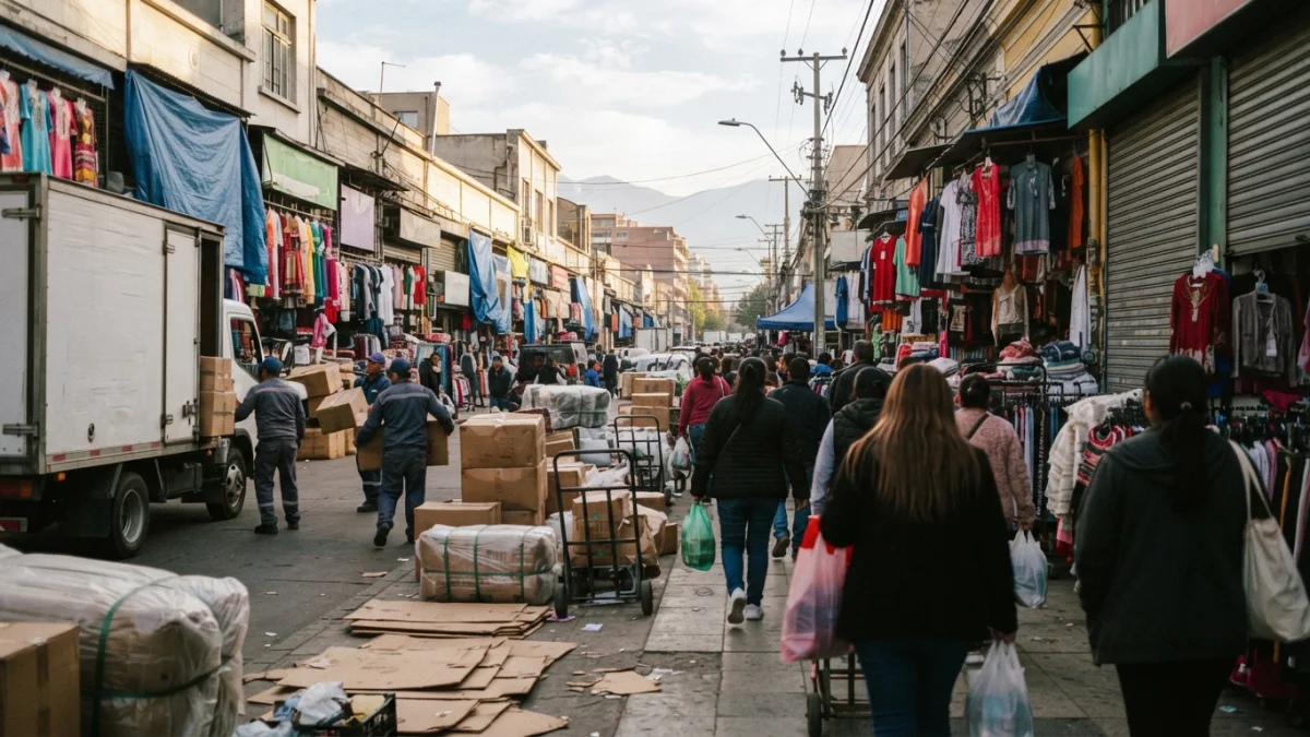 Calle comercial del barrio Meiggs en Santiago con locales y cajas de mercadería