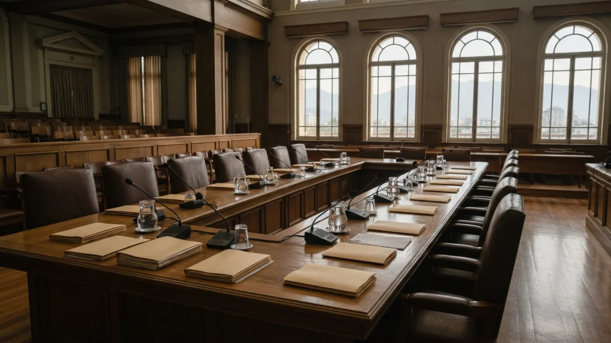 Sala de comisión legislativa vacía con micrófonos y carpetas sobre una mesa de madera