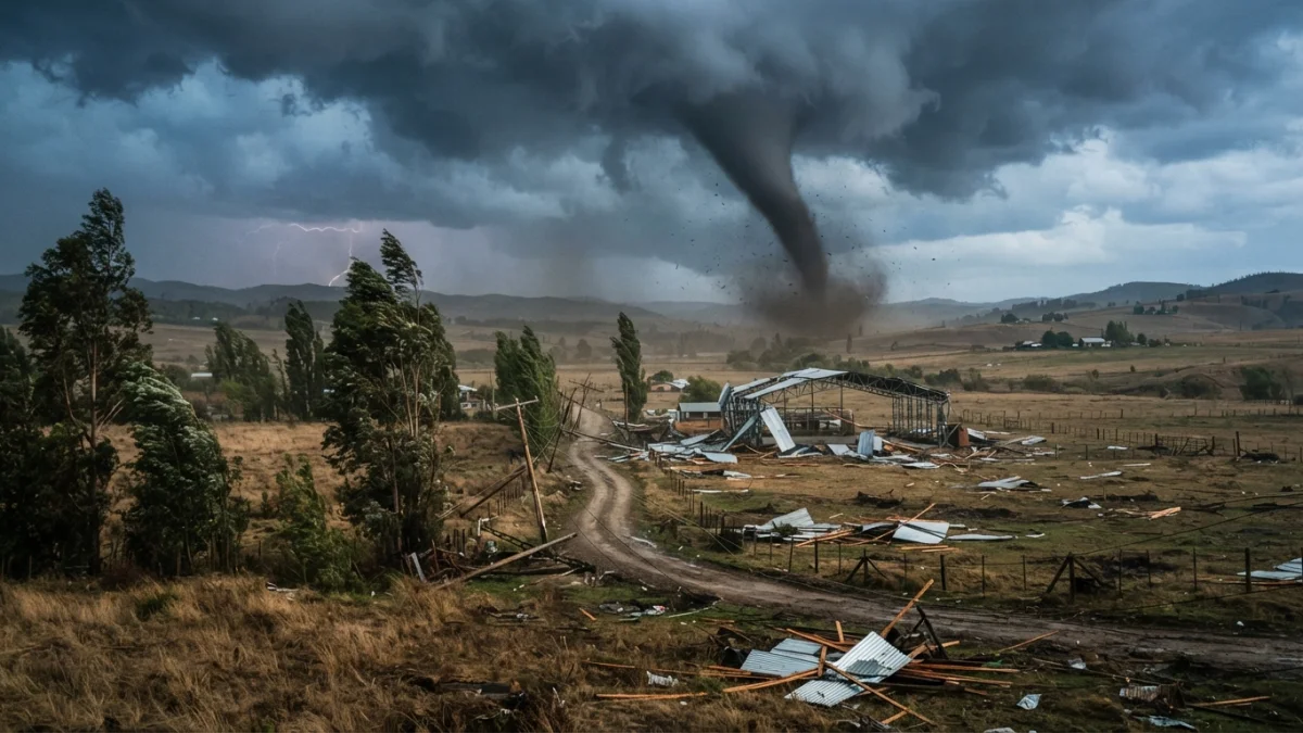 Tornado sobre la comuna de Requínoa, Región de O'Higgins (imagen generada con IA)