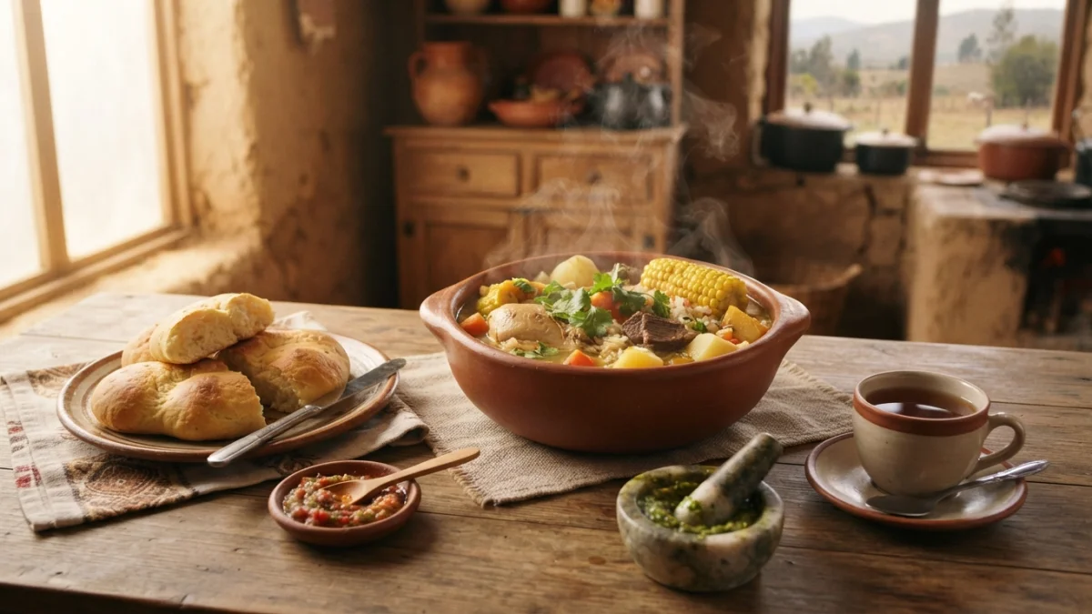 Mesa chilena tradicional con cazuela de greda, pan amasado y mortero de piedra