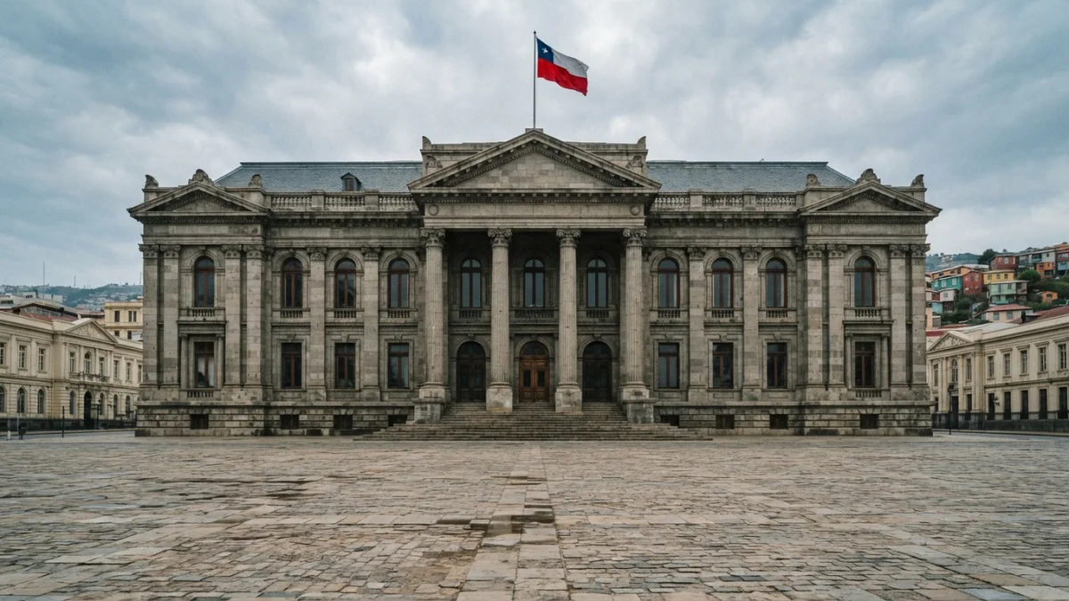 Fachada de un edificio de tribunales en Valparaíso con bandera chilena