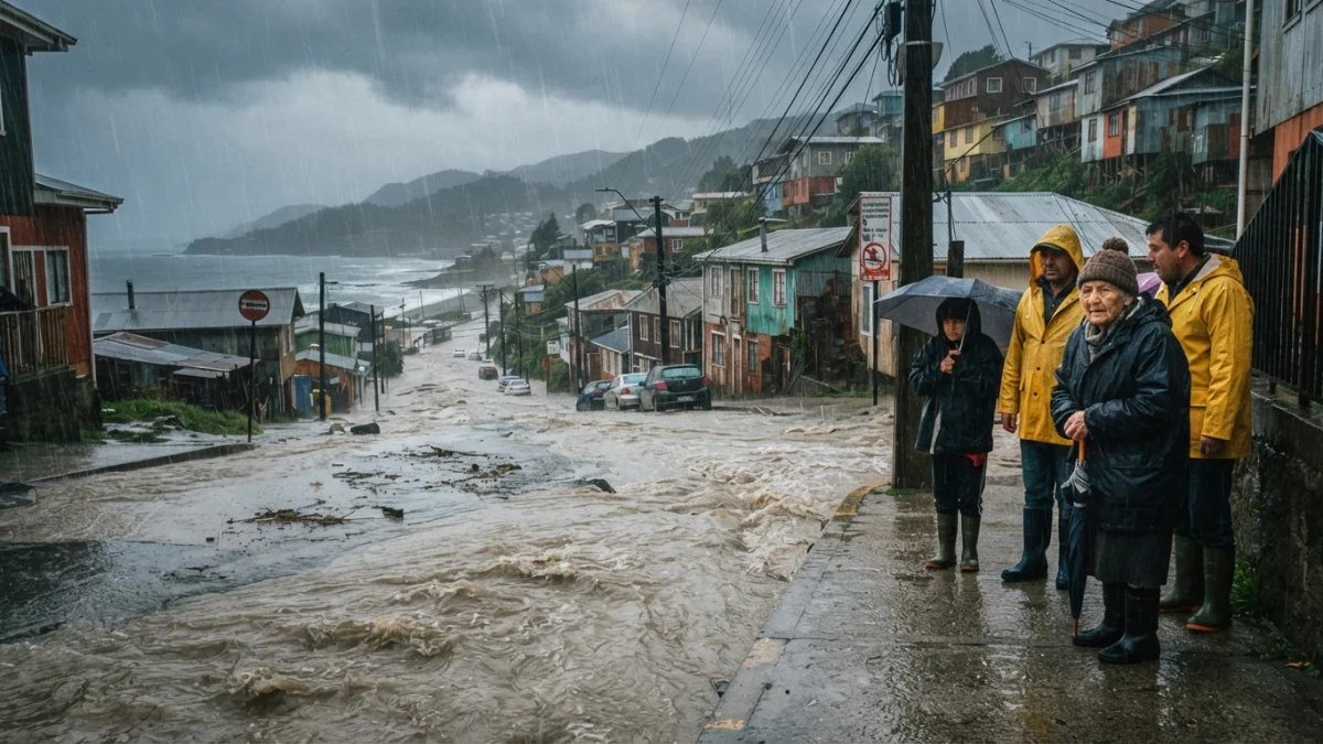 Calle anegada por las lluvias en una ciudad costera del sur de Chile