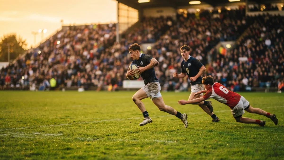Partido de rugby juvenil en un estadio al atardecer (imagen generada con IA)
