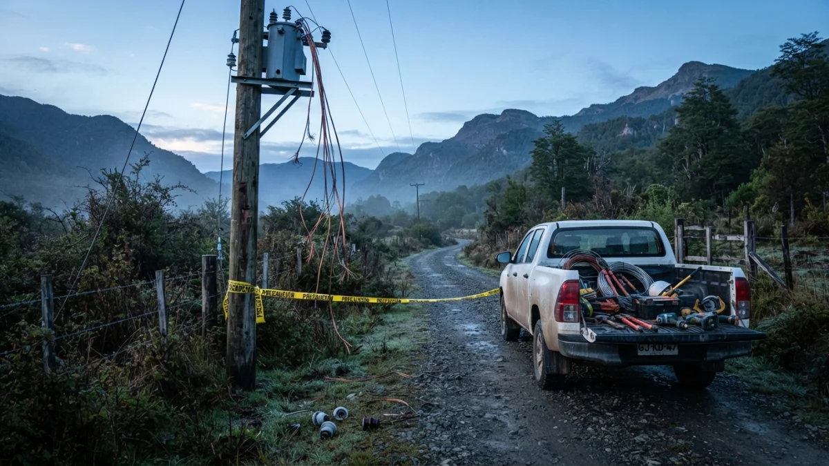 Poste de alumbrado rural con cables de cobre cortados al amanecer