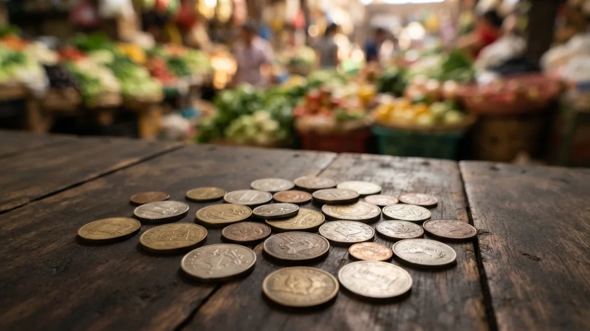 Monedas metálicas sobre un mostrador en un mercado local