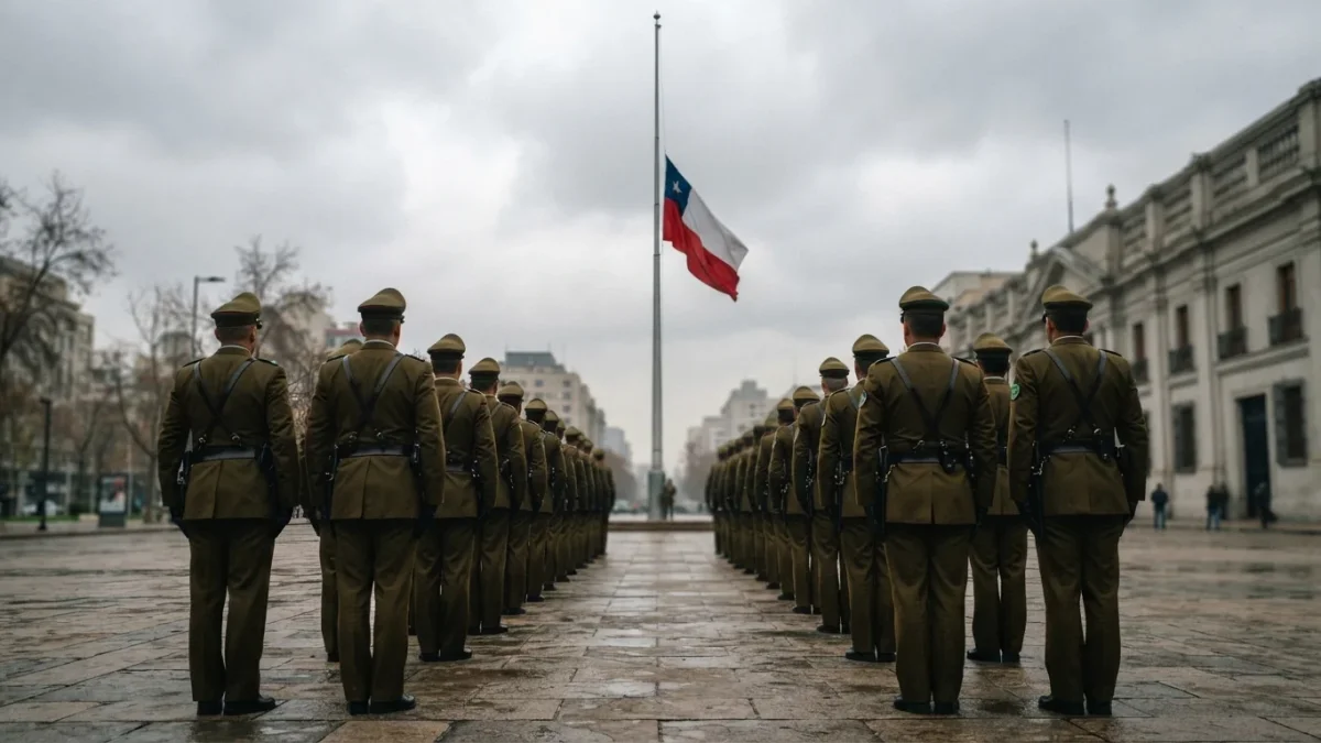 Carabineros en formación frente a la bandera de Chile a media asta