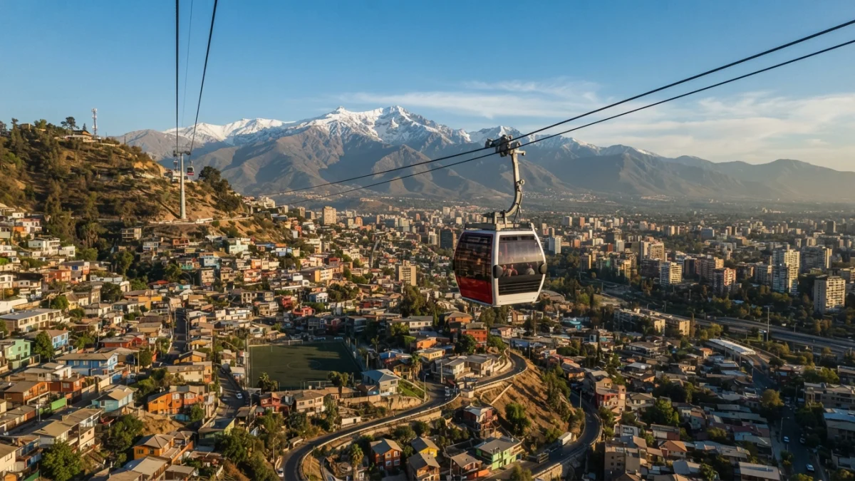Cabina de teleférico urbano sobre la ciudad con la cordillera de los Andes al fondo (imagen generada con IA)