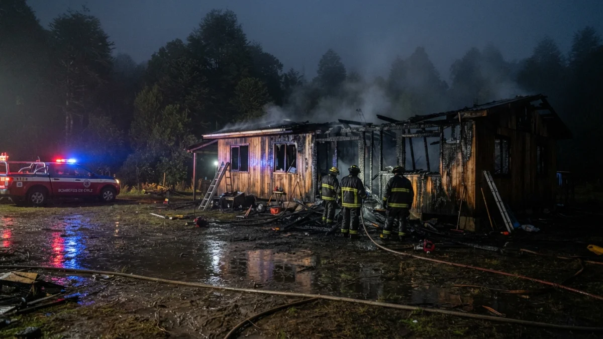 Residencia de adultos mayores tras el incendio nocturno en Villa Comuy, Pitrufquén