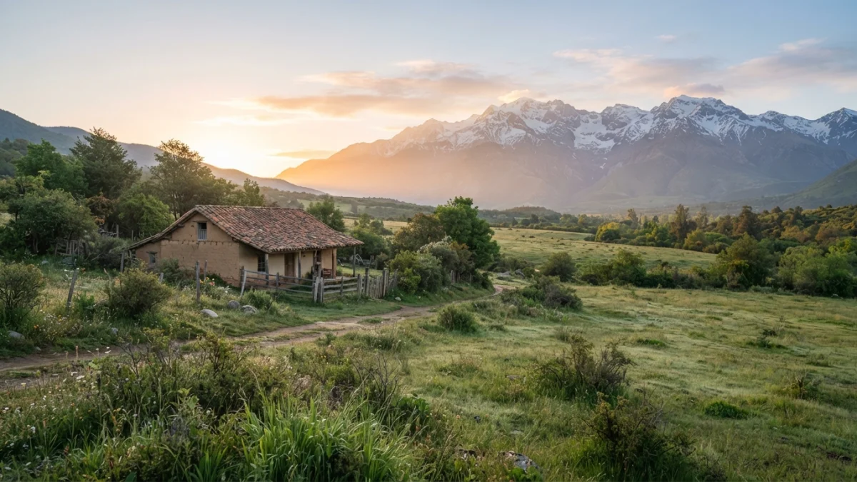 Casa rural chilena con la cordillera de fondo