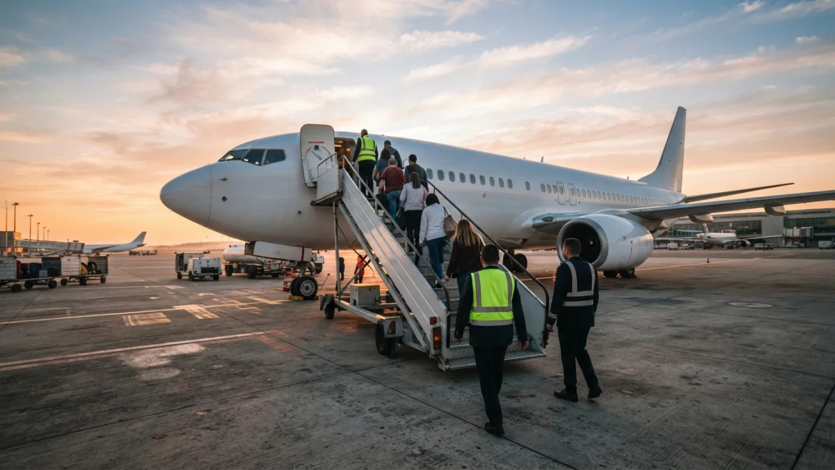 Plataforma de aeropuerto al amanecer con una aeronave comercial y funcionarios que acompañan el embarque. Imagen generada con inteligencia artificial.