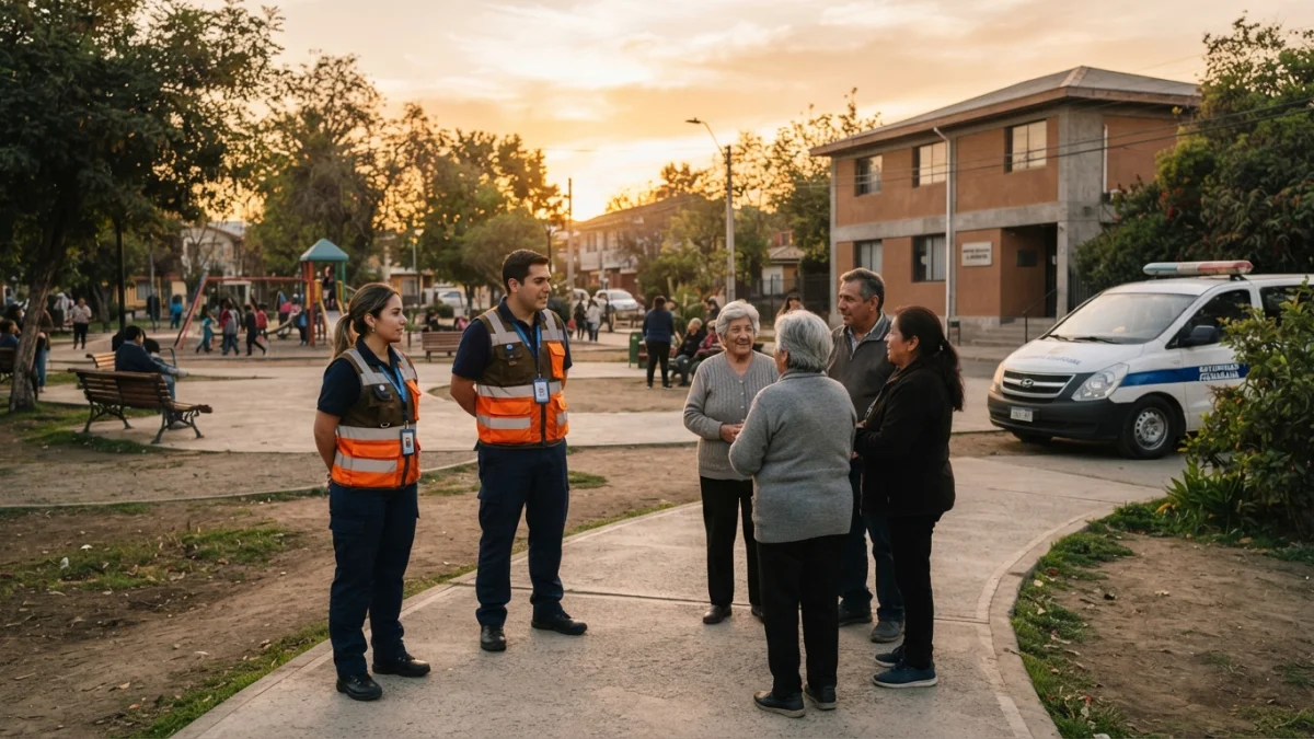Inspectores municipales de seguridad junto a vecinos en una plaza de barrio