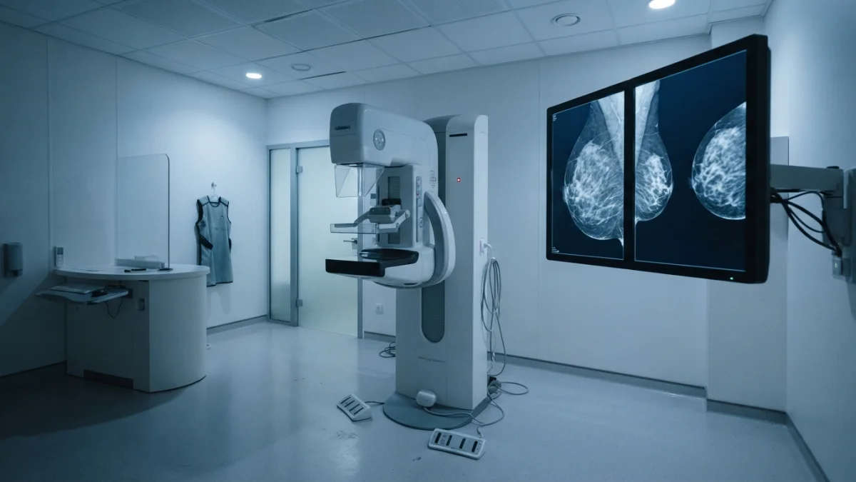 Sala de mamografía moderna con pantalla de imágenes médicas, ilustración generada con inteligencia artificial