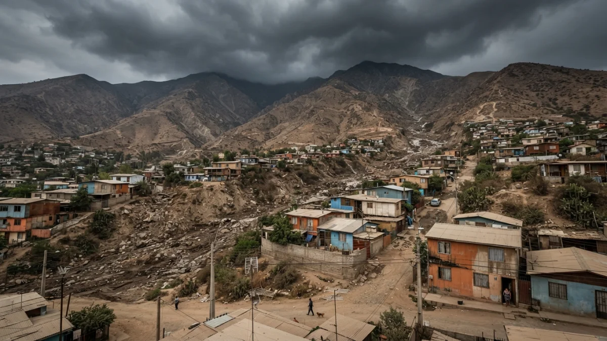 Cerros y quebradas de la precordillera sobre un barrio de Santiago bajo un cielo de tormenta