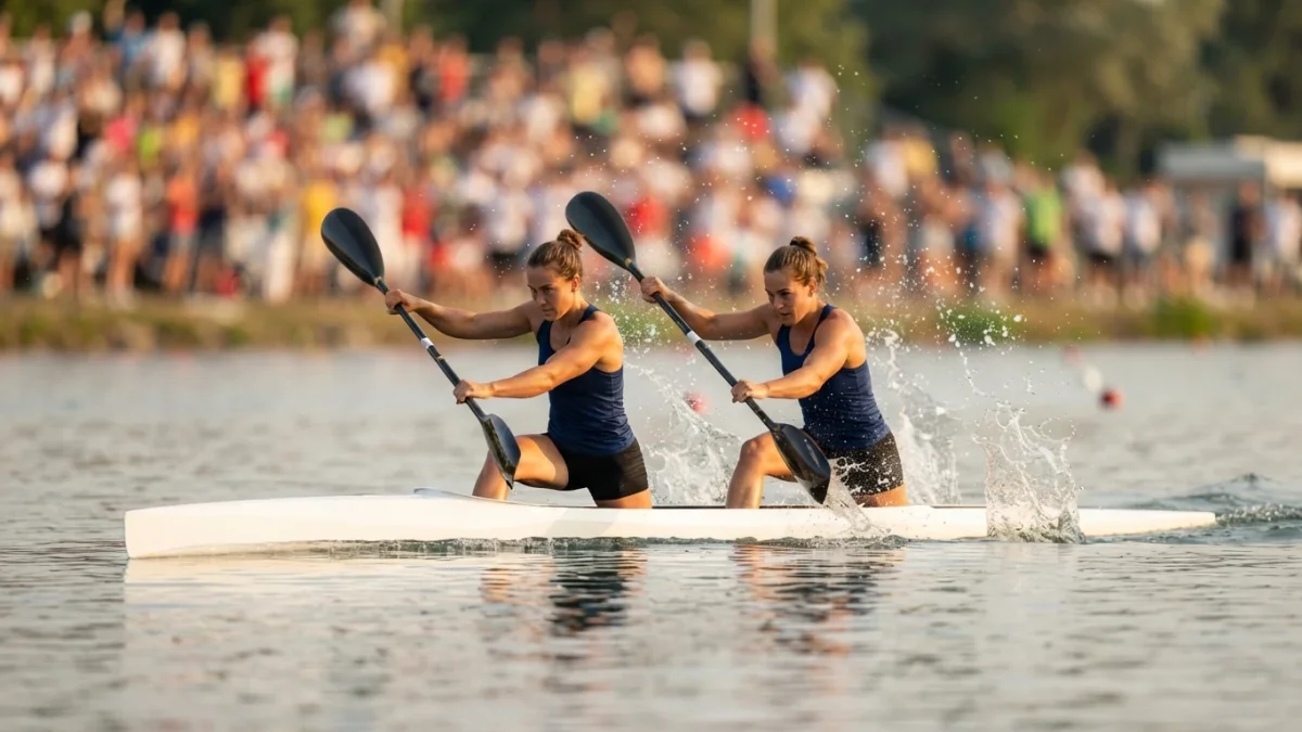Embarcación de canotaje femenino compitiendo en una final de 500 metros
