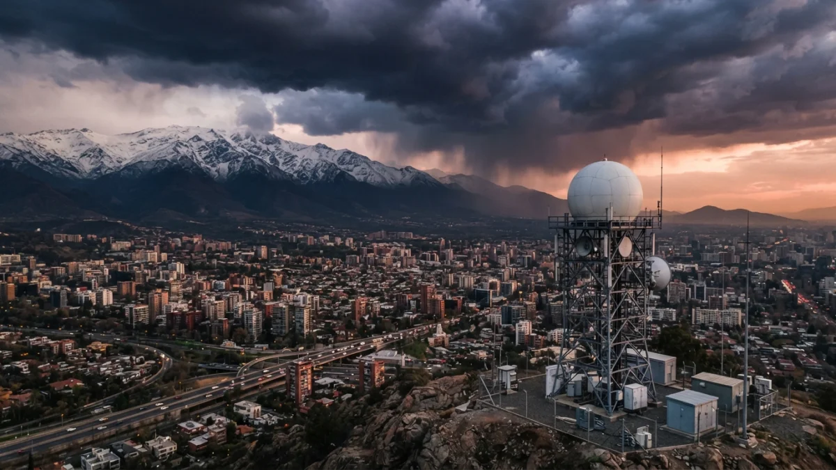 Radar meteorológico en una colina frente a un cielo de tormenta sobre la ciudad