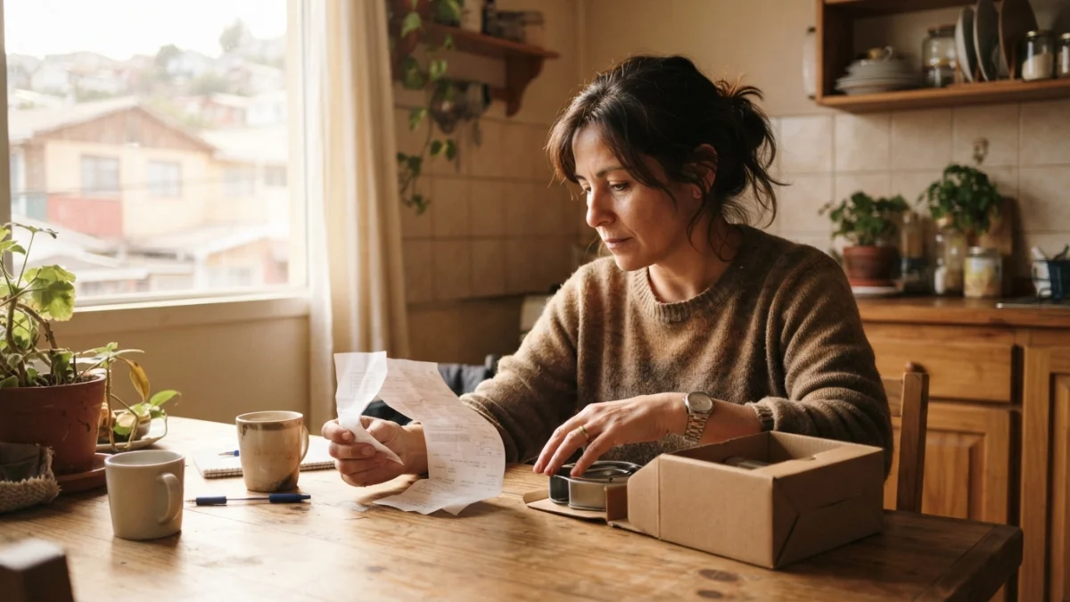 Persona revisando una boleta de compra y un producto sobre la mesa de una cocina