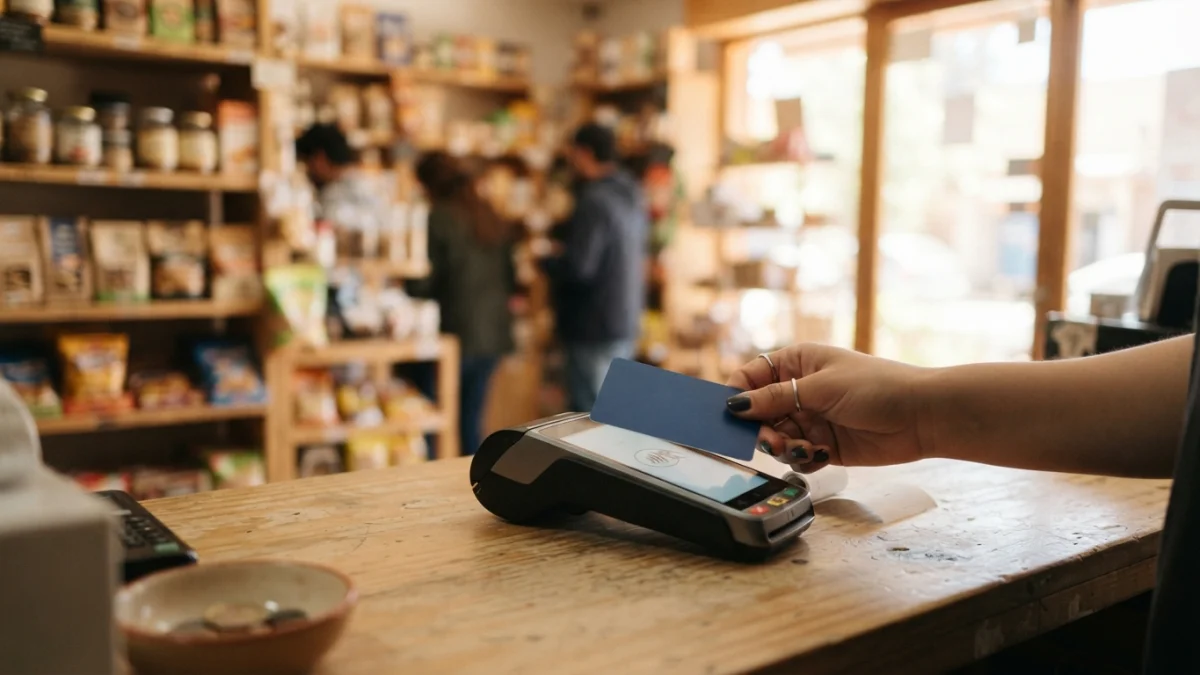 Persona pagando con tarjeta en una terminal POS de un pequeño comercio