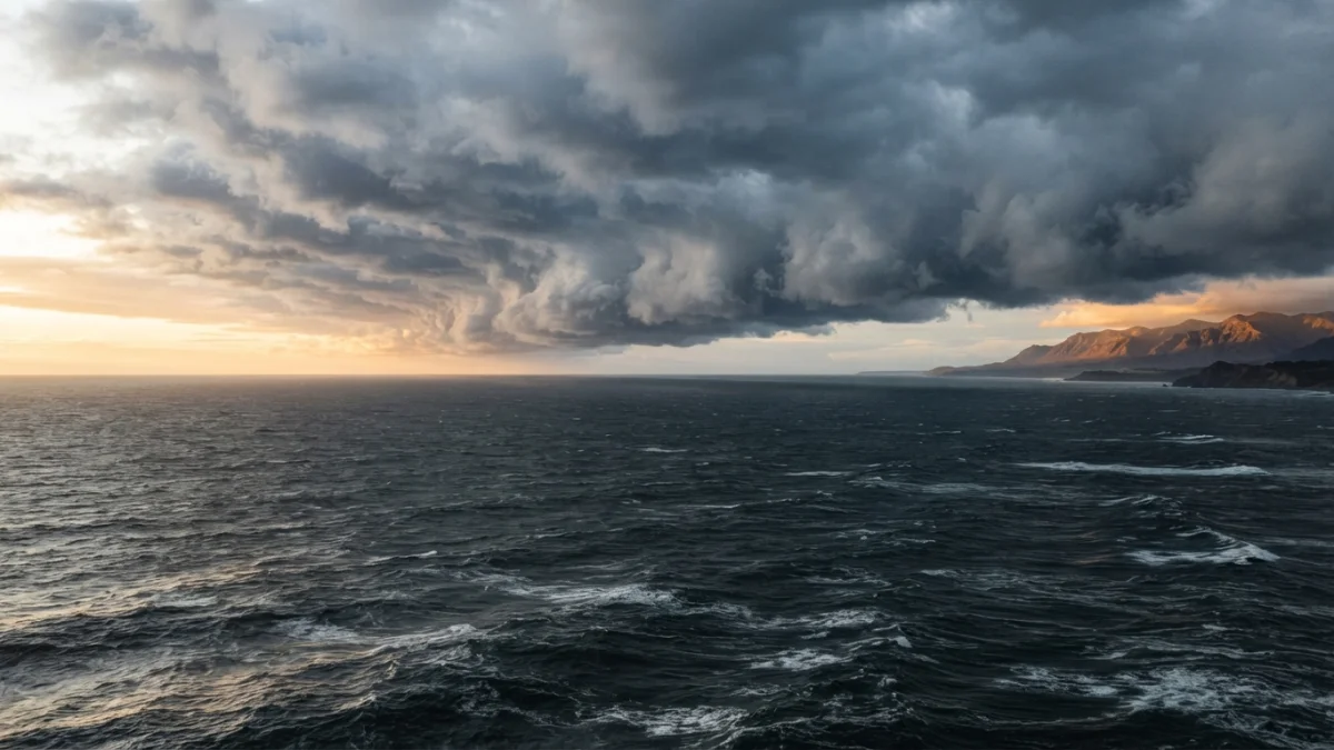 Frente de nubes de tormenta sobre el océano Pacífico frente a la costa de Chile central