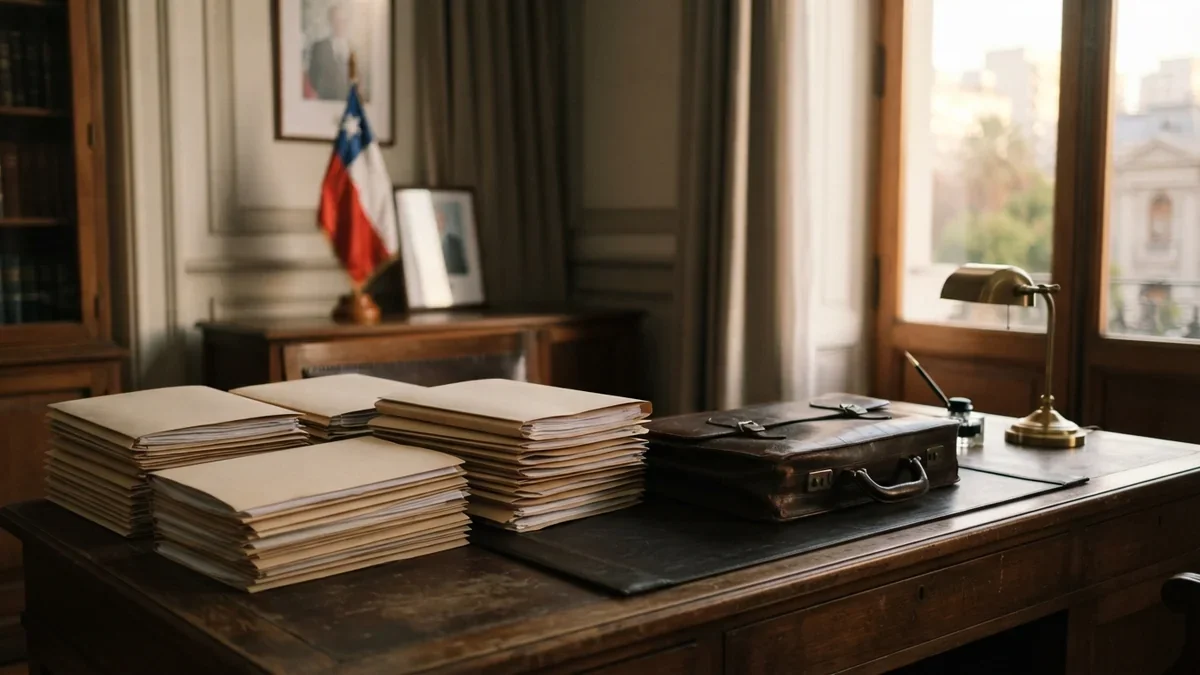 Escritorio de oficina pública con carpetas de expedientes y bandera de Chile