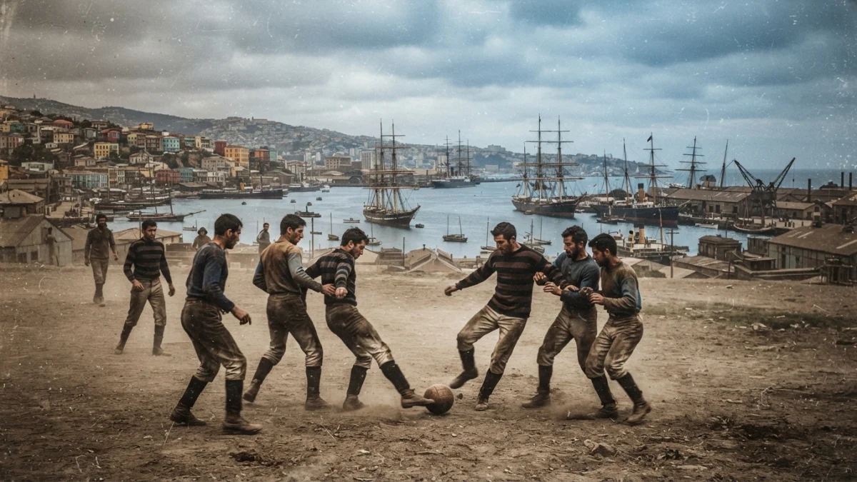 Jugadores de fútbol de fines del siglo XIX en una cancha de tierra junto al puerto de Valparaíso