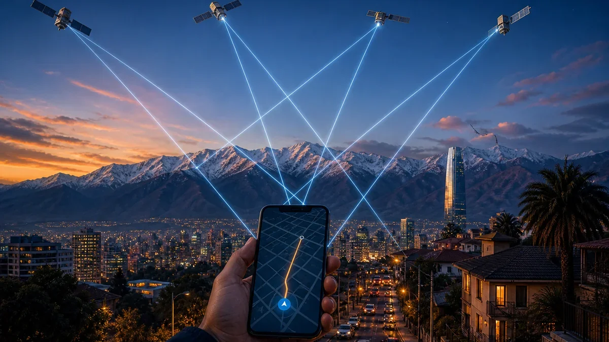 Satélites GPS transmitiendo señales sobre los Andes y una ciudad chilena