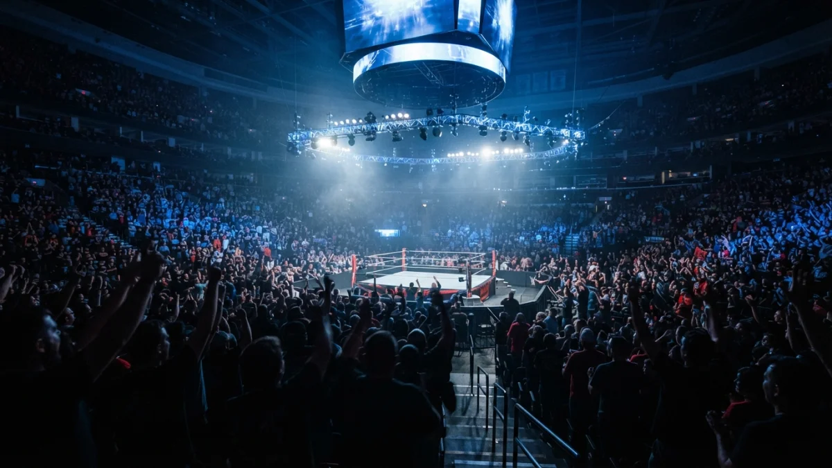Escenario con luces azules y blancas en un recinto deportivo lleno durante una función de lucha libre en Santiago