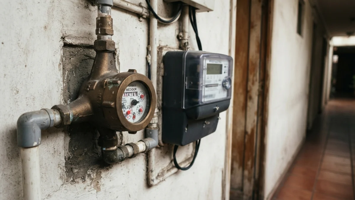 Medidor de agua y medidor electrico en el muro de una casa en Chile